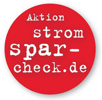 Logo Stromspar-Check der Caritas: Roter Kreis mit weißer Schrift: 'Aktion stromspar-check.de'