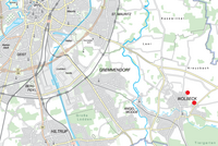 Eine Stadtkarte des Süd-Westens von Münster. Rote Punkte markieren das Baugebiet.