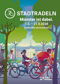 Zu sehen ist das STADTRADELN-Motiv der Stadt Münster für das Jahr 2024. Auf dem Plakat sind einige Radfahrende auf der Promenade vor dem Schloss abgebildet.