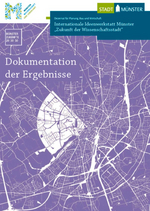 Broschüre im Corporate Design der Stadt Münster zeigt als Hintergrund einen Stadtgrundriss in violett mit der Aufschrift Dokumentation der Ergebnisse 