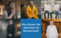 Sechs Kacheln mit Bildern der Protagonistin und Protagonisten des Films. Auf der unteren mittleren Kachel steht "Was können die Jobcenter im Münsterland?"