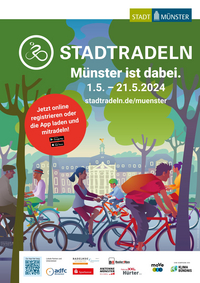 Das diesjährige STADTRADELN-Plakat zeigt viele Radelnde auf der Promenade vor dem Schloss.
