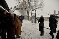 Das Bild zeigt eine Gruppe in der Gedenkstätte Auschwitz-Birkenau.