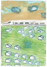 Aquarell von Claudia Seibert mit Häusern und Zug.