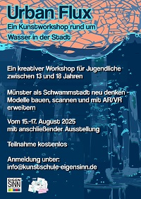Veranstaltungsplakat für "Urban FLux" mit farbigem Hintergrund und Informationen in Text