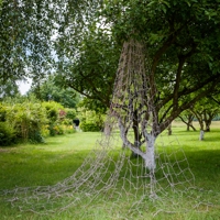 Gebrauchtes Textilnetz an einem Baum