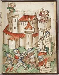 Bebilderte Handschrift Bellifortis von Konrad Kyeser, Mitte des 15. Jahrhunderts. Auf dem Bild versuchen Ritter eine Burg zu erstürmen.