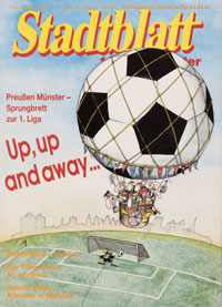 Zeitschriftencover mit bunter Zeichnung eines Gasballons in Fußballform über dem Preußenplatz