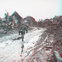 Blau-rotes Stereogramm zeigt Soldaten in einem zerstörten Dorf