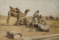 Arabisch gekleideter Mann füllt Wasser in Fässer, neben ihm lagern Kamele.