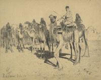 Bleistiftzeichnung von mehreren Kamelreitern in osmanischer Uniform oder arabischer Kleidung