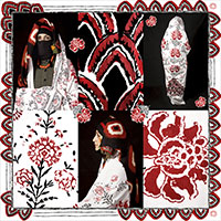 Collage aus Fotos und gezeichneten Elementen, die eine Frau und ihren rot-schwarz-gemusterten Schleier zeigen