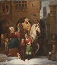 Zu sehen ist der Heilige Nikolaus auf einem Pferd, der Gabe an Einwohner einer Stadt verteilt. Im Vordergrund gehen zwei Kinder mit ihren Geschenken weg.