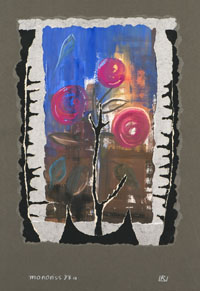 Collage aus verschiedenfarbigem Papier mit gemalten Elementen, in deren Mittelpunkt eine Pflanze steht