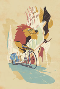 Zeichnung: Ein Löwe mit Brille radelt über den Prinzipalmarkt, hinter ihm ein blauer Elefant.