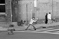 An einer Straßenecke läuft ein Hund auf einen Mann zu, der im Begriff ist, einen Fußball zu werfen.