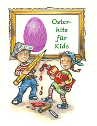 Zeichnung von zwei Kindern die mit Bleistift und Farbe in einem Rahmen den Text "Osterhits für Kids" schreiben. In dem Gemälde ist auch ein Ei abgebildet.