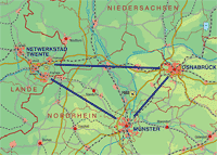 Ausschnitt einer Landkarte mit den Städten Twente, Münster und Osnabrück