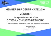 2015 wurde der Stadt Münster das Zertifikat für die Mitlgiedschaft im Netzwerk Cities for Cyclists der European Cyclists’ Federation (ECF) verliehen.