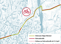 Straßenausschnitt wo genau die Veloroute verläuft. 
Veloroute Münster Telgte in grün skizziert und die Fahrradstraße in rot skizziert. Umbau zur geplanten Fahrradstraße in rot gepunktet skizziert.