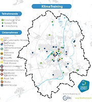 Die Karte zeigt die Verteilung der am KlimaTraining beteiligten Unternehmen sowie Personen in Münsters Stadtgebiet. Eingezeichnet sind zudem die Haushalte, die an dem Vorgänger-Projekt 'Reallabor für klimafreundliche Entscheidungen' beteiligt waren.