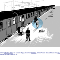 Zeichnung einer Deportationsszene, bei der ein Polizist, ein jüdischer Verfolgter und eine Passantin hervorgehoben werden.