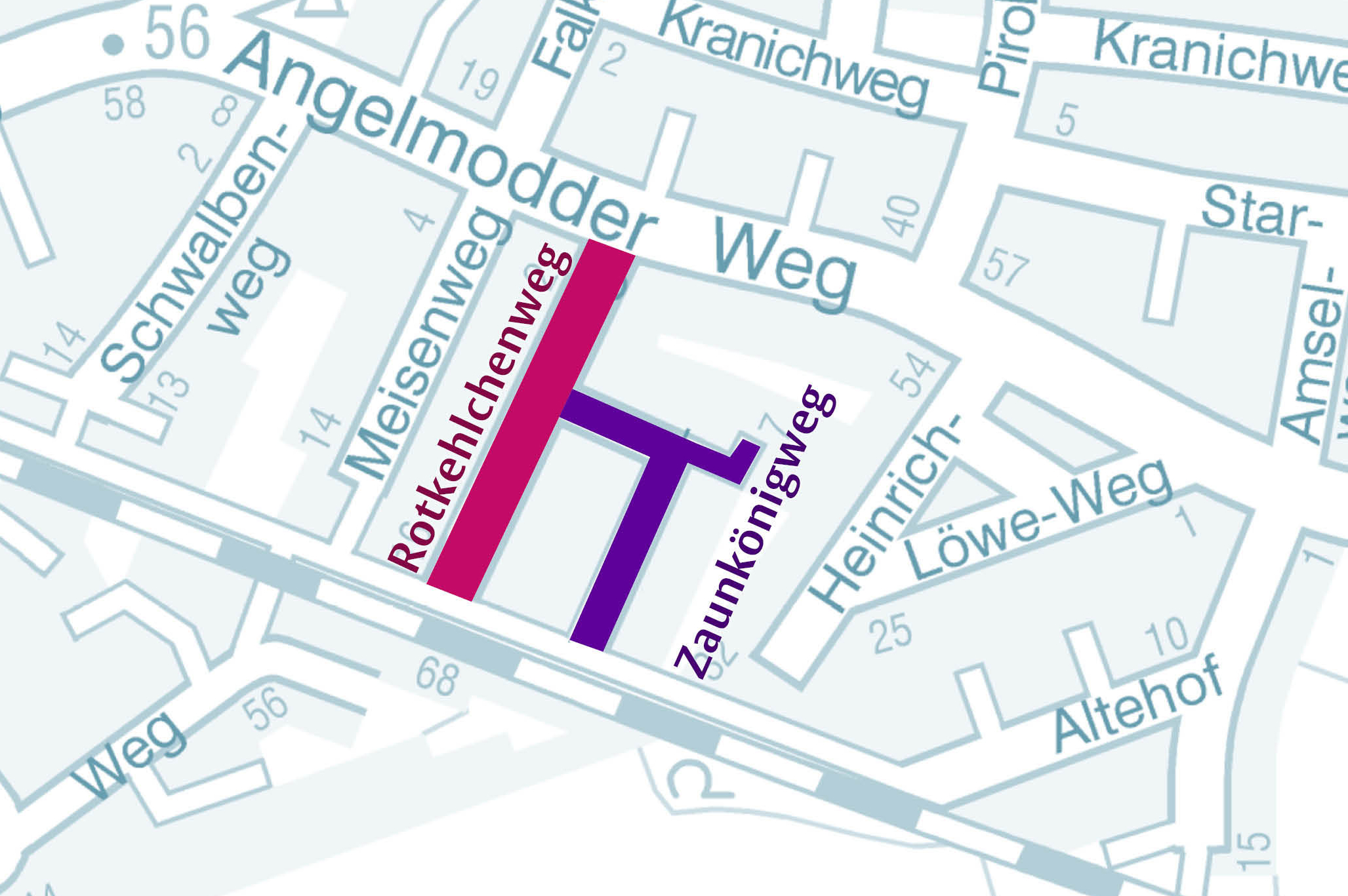 Kartenausschnitt Gremmendorf mit eingezeichnetem Rotkehlchen- und Zaunkönigweg