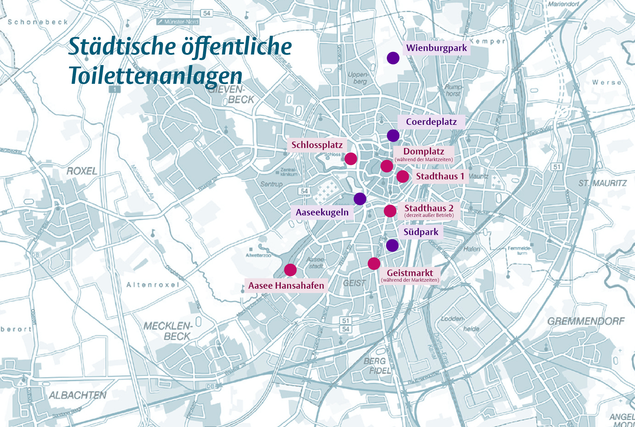 Bisherige und vorgeschlagene Standorte öffentlicher Toiletten im Stadtplan