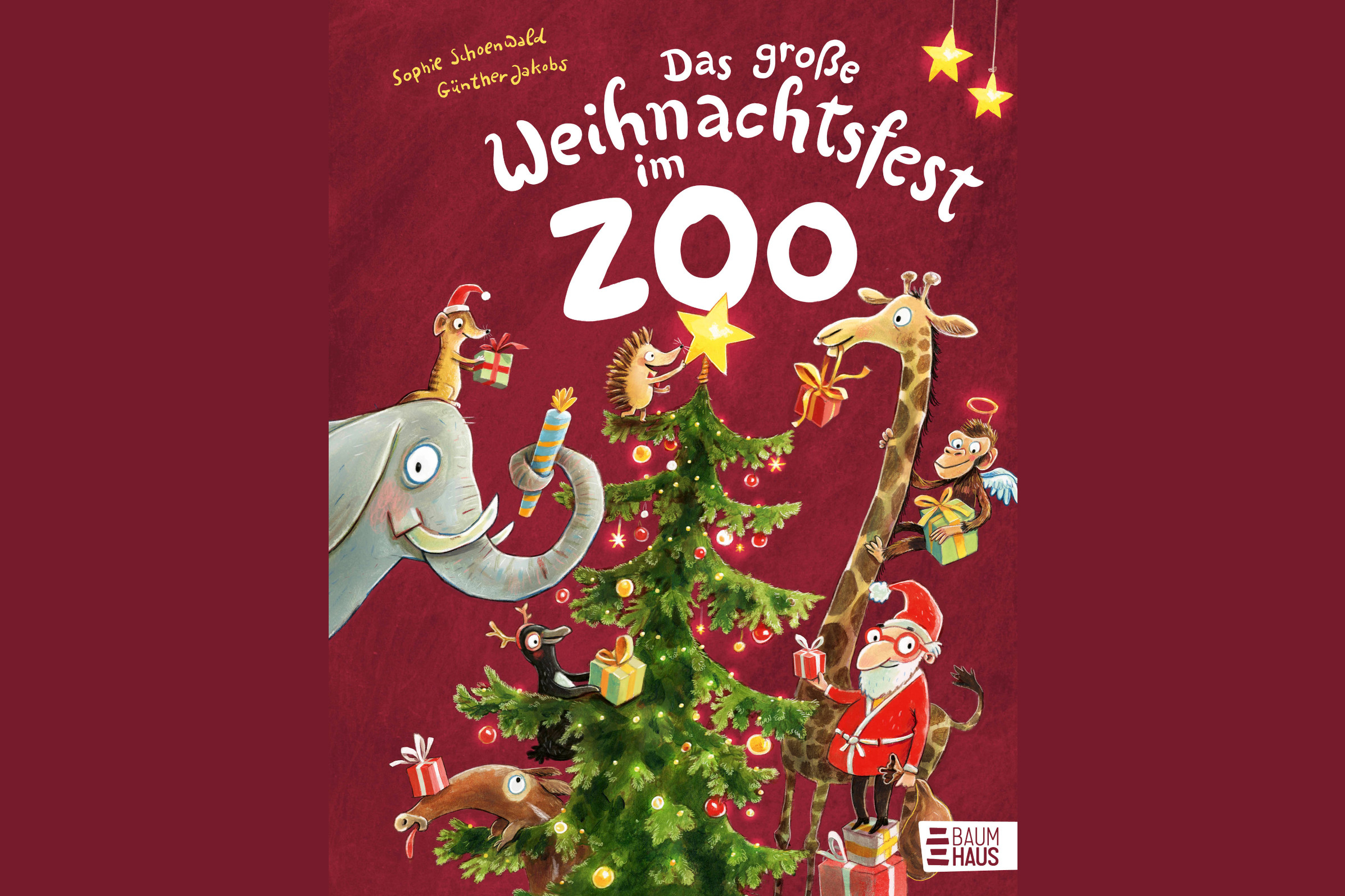 Buchcover "Das große Weihnachtsfest im Zoo". Zootiere schmücken gemeinsam einen Weihnachtsbaum.