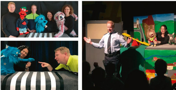 drei Fotoaufnahmen, die ein Puppentheaterstück gemeinsam mit Polizisten zeigen