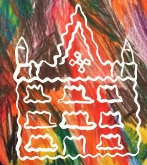 Malerei, wellige Umrisse eines weißen Hauses vor farbigem Hintergrund