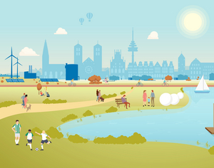 Illustration eines Blicks auf den Aasee in Münster