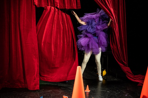 Eine Performerin, die in einem Tüllgewand verhüllt ist, tritt in großer Geste durch einen Vorhang.