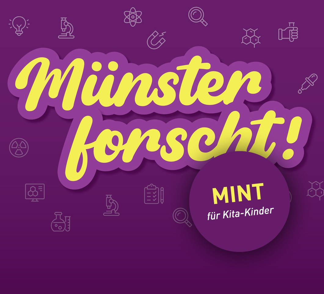 Grafische Darstellung mit dem gelben Schriftzug "Münster forscht! MINT für Kita-Kinder" auf lilanem Hintergund. Auf dem Hintergrund liegen noch vereinfachte weiße Darstellungen von Mikroskopen, Glühbirnen, Lupen, Chemischen Verbindungen und mehr.