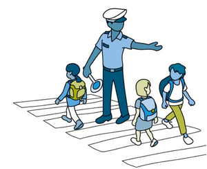 Grafik die zeigt, wie ein Polizist Kindern über den Zebrastreifen hilft. 