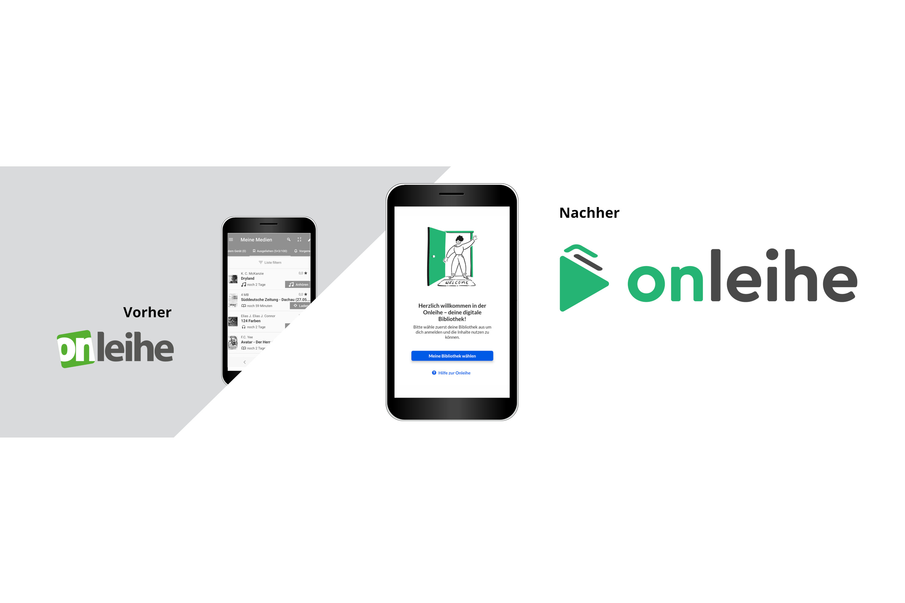 Logo der Onleihe 2 vorher und Logo der Onleihe 3 nachher