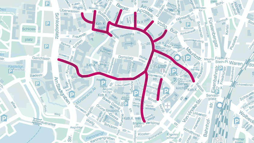 Karte Münsters mit Markierungen innerhalb der Altstadt