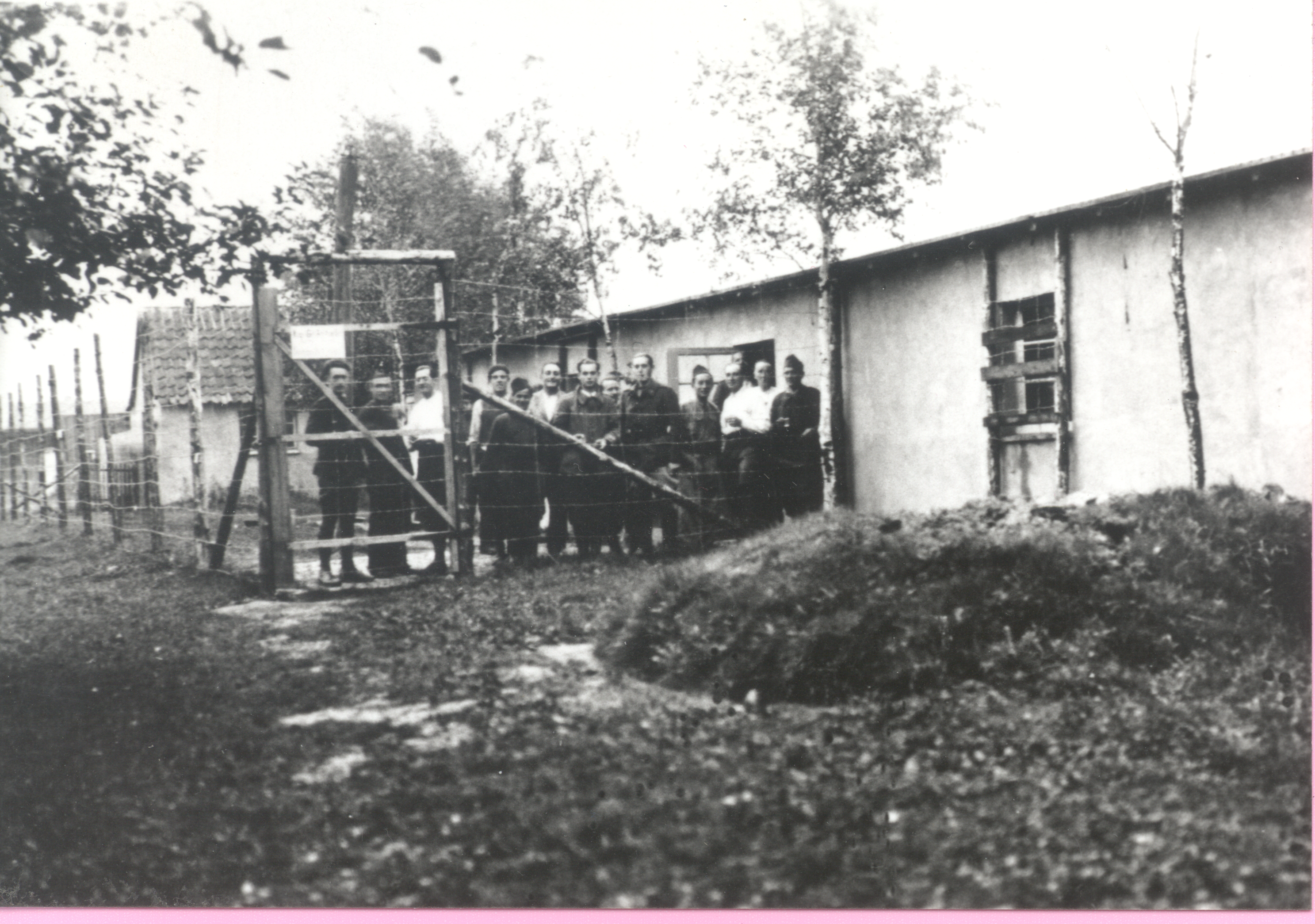 Mehrere Kriegsgefangene hinter einem Zaun eines Lagers blicken in die Kamera