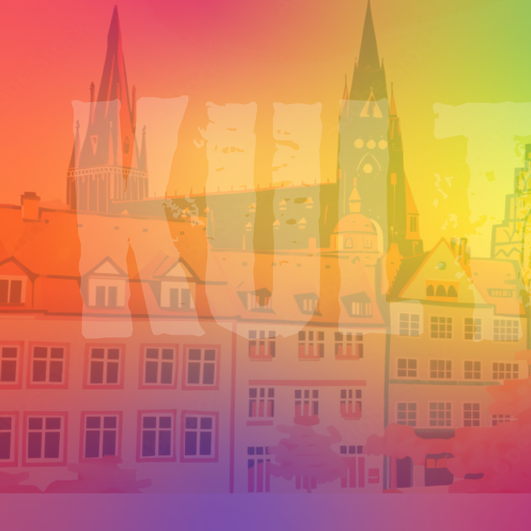 Stadtansicht mit Regenbogenfarbenem Hintergrund und Kulticklogo