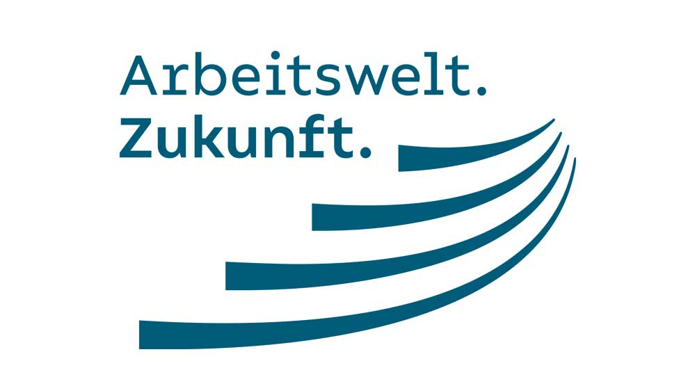 Schriftzug „Arbeitswelt. Zukunft.“ mit vier geschwungenen Linien