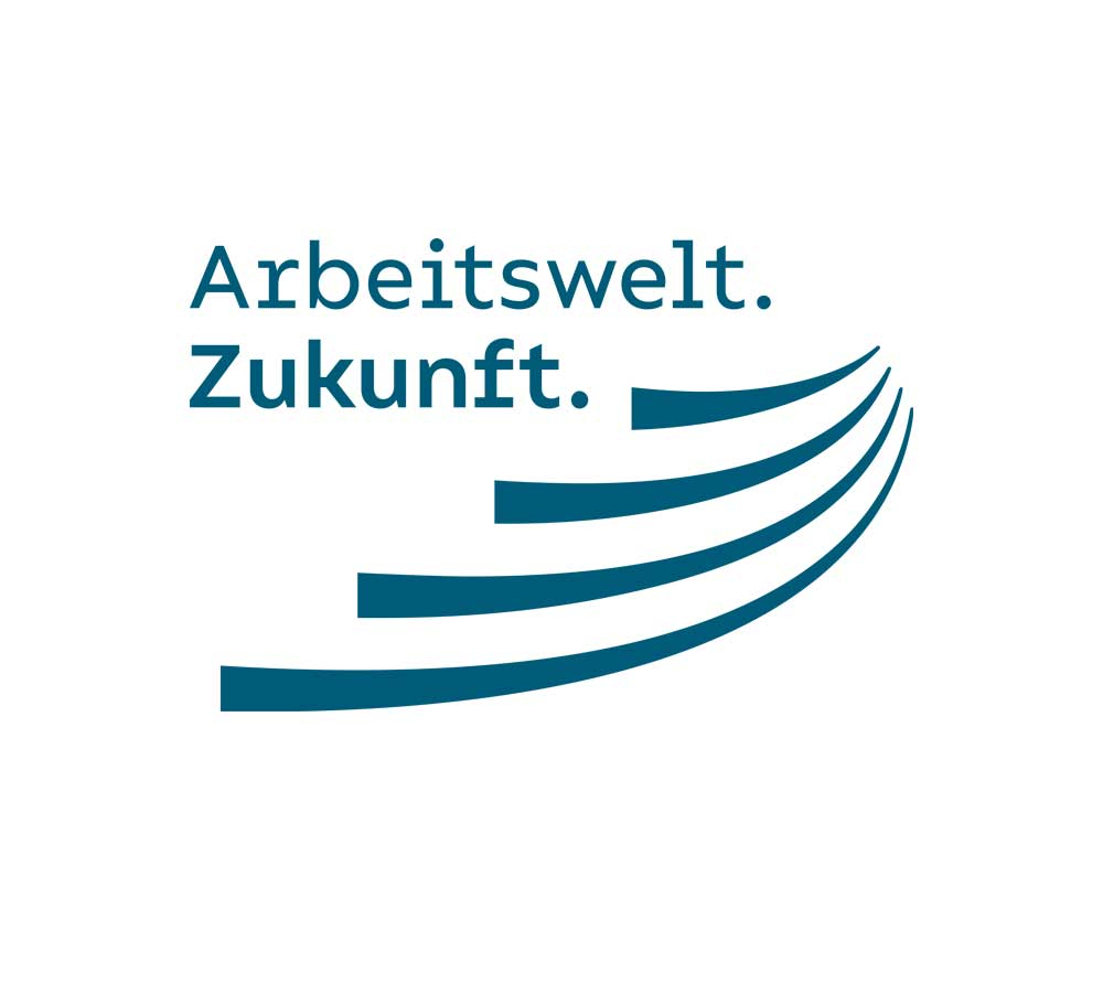 Schriftzug „Arbeitswelt. Zukunft.“ mit vier geschwungenen Linien