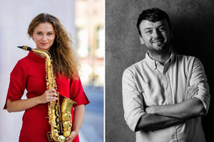 Die Portraits von Margareta Cherenkova mit Saxophon und Benjamin Pfordt, Musiker*innen beim Vorlese-Café im Mai.