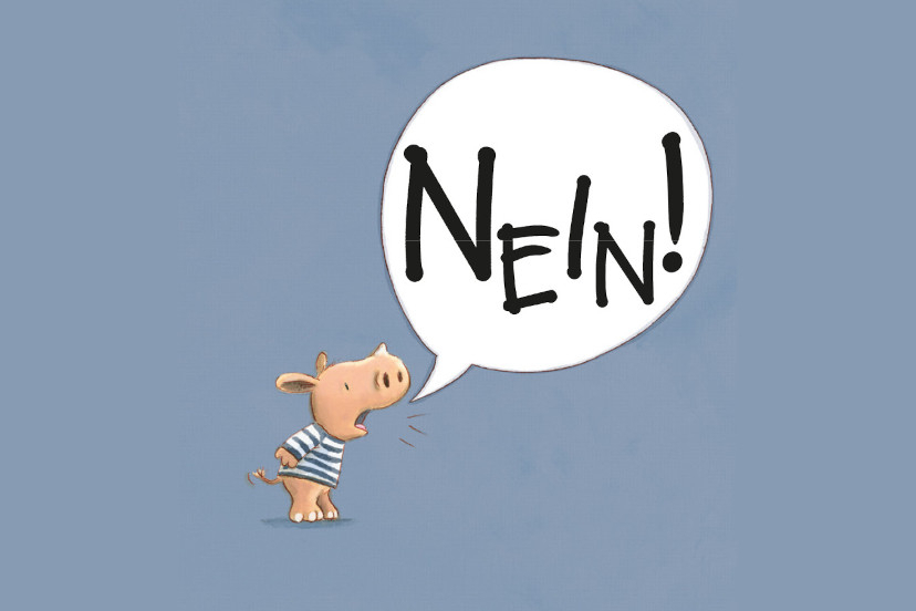Buchcover "Robert sagt nein" - ein gezeichnetes Nashorn mit einer Sprechblase: Nein