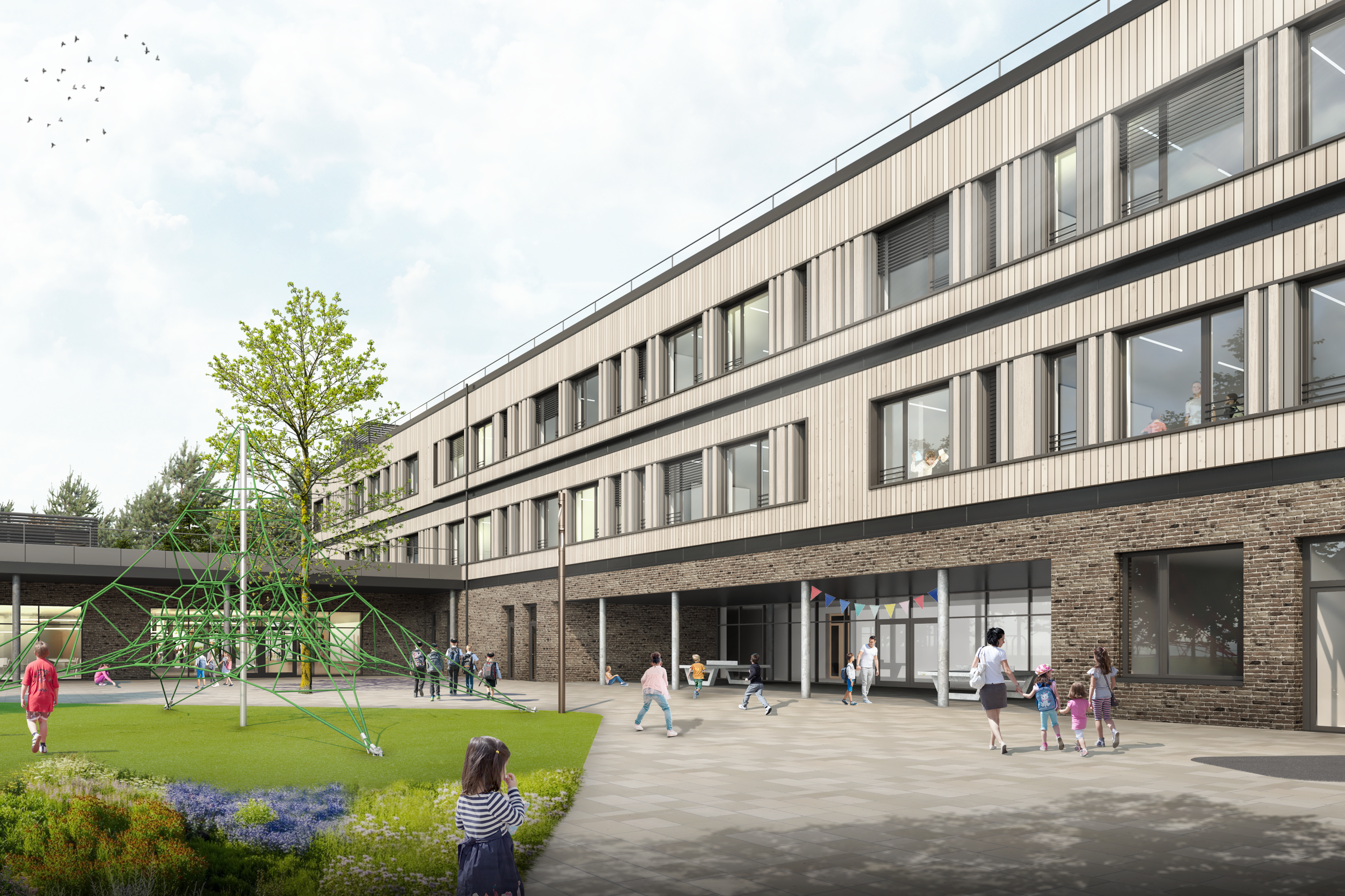 Grafische Visualisierung eines Schulgebäudes mit Schulhof und Kindern