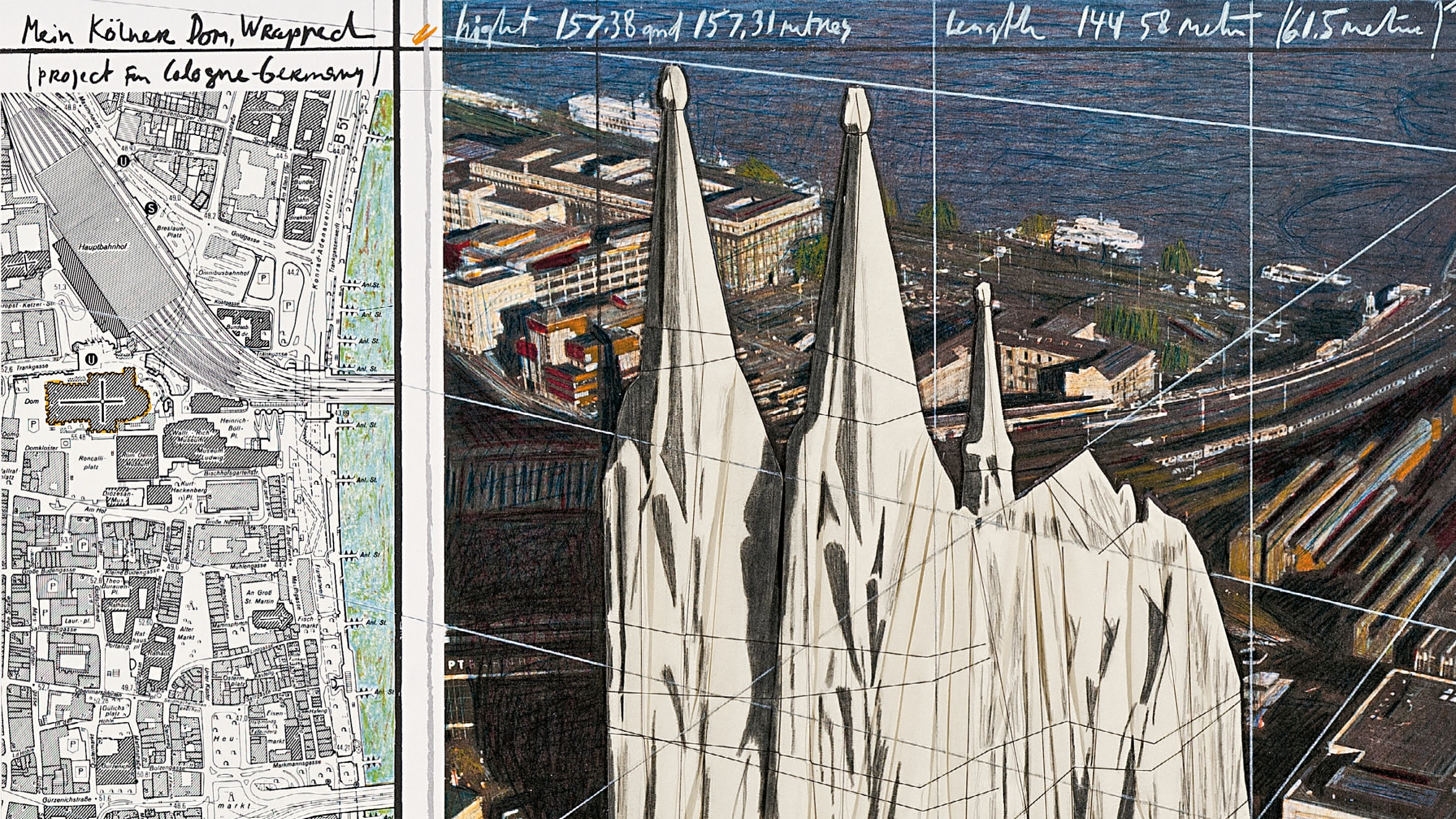 Mein Kölner Dom, Wrapped (Project for Cologne), 1992, Lithografie mit Collage aus Stoff, Bindfaden, Heftklammern und Stadtplan, überarbeitet mit Bleistift, Kohle und Buntstift - Christo and Jeanne-Claude Foundation 