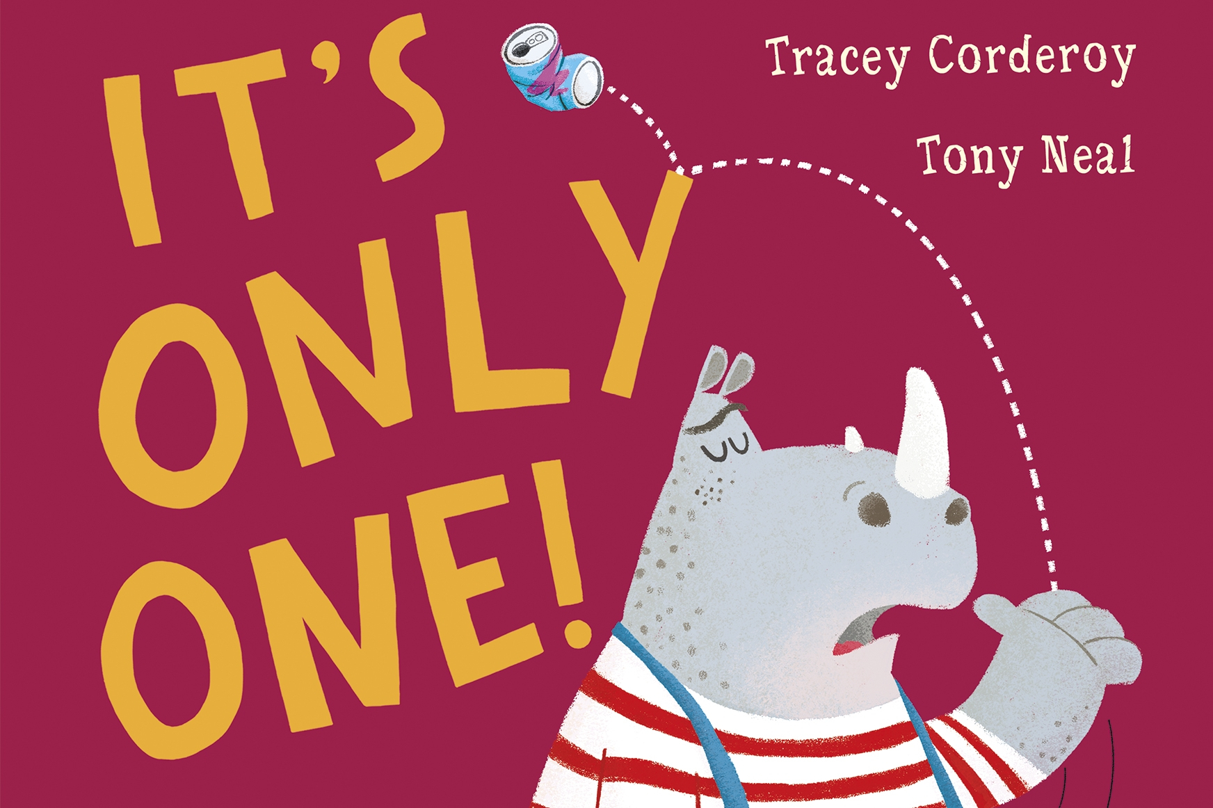 Buchcover "It's only one": Ein Nashorn wirft eine Getränkedose achtlos weg.