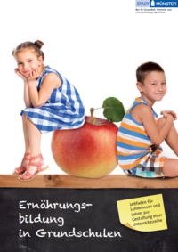 Titelblatt "Leitfaden Gesunde Ernährung"
Junge und Mädchen sitzen auf einem Apfel