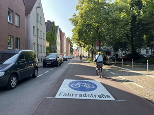 Foto der rot asphaltierten Schillerstraße mit Blick auf das Fahrradstraßen-Piktogramm am Boden