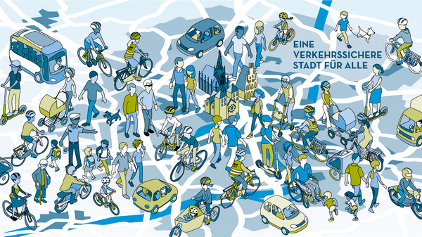 gezeichnetes Wimmelbild bei denen Verkehrsteilnehmende gezeigt werden