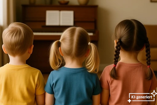 Drei Kinder sitzen vor einem Klavier